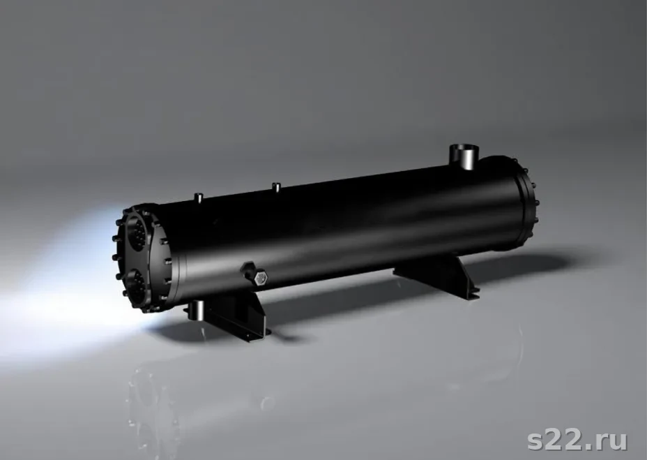 Кожухотрубный теплообменник с фланцевой крышкой и трубной решёткой, 3D-рендер