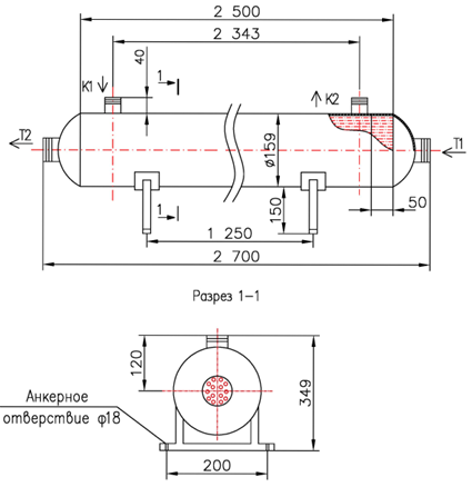 Чертёж КС 150-2,5-8×0,8-7,5, Ру6, Сталь 20, 7,9 м²